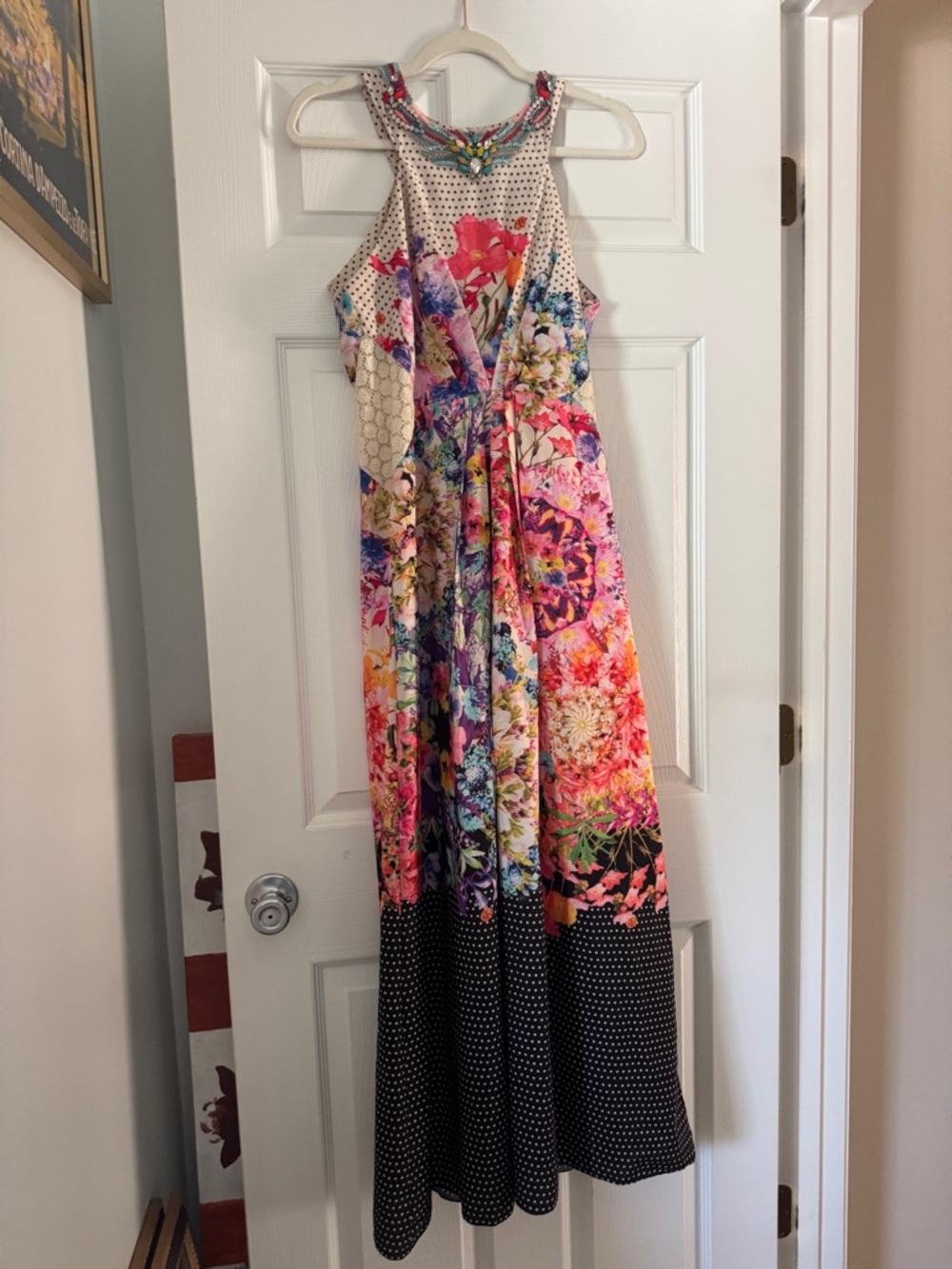 Ranna Gill Multicolor Floral & Polka Dot Maxi Dress with beaded neck